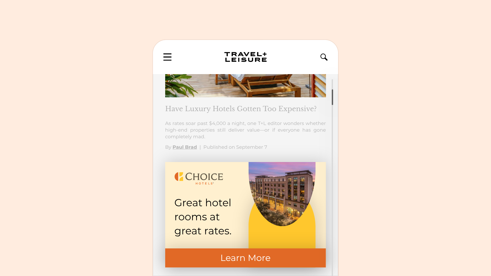 Display ad placed inside a travel article on mobile