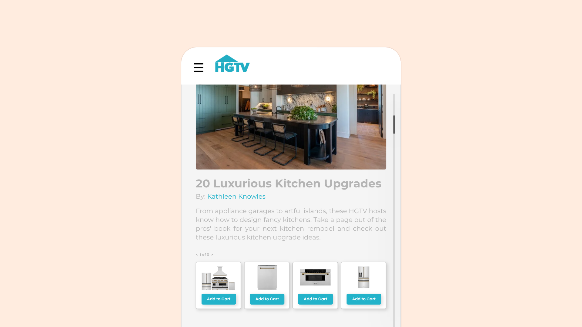 Shoppable product carousel inside a home article on mobile